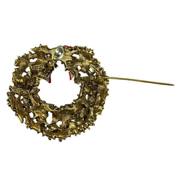 Vintage Christmas 1960s Signed ART Rhinestone and Red Enamel Bow Wreath Brooch - Picture 4 of 5